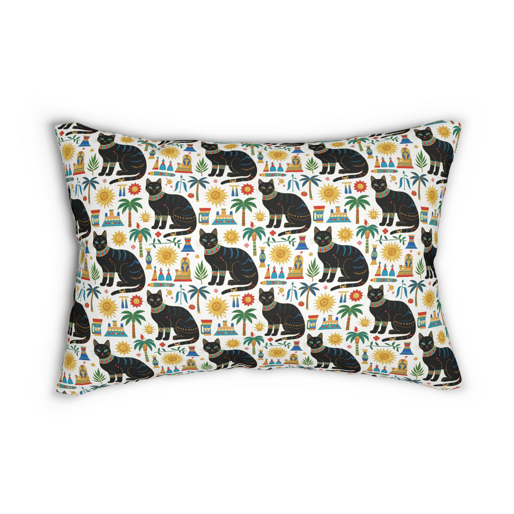 Indoor Lumbar Pillow - Majestic Black Egyptian Cats with Vibrant Adornments and Desert Motifs Create a Striking and Culturally Rich Design