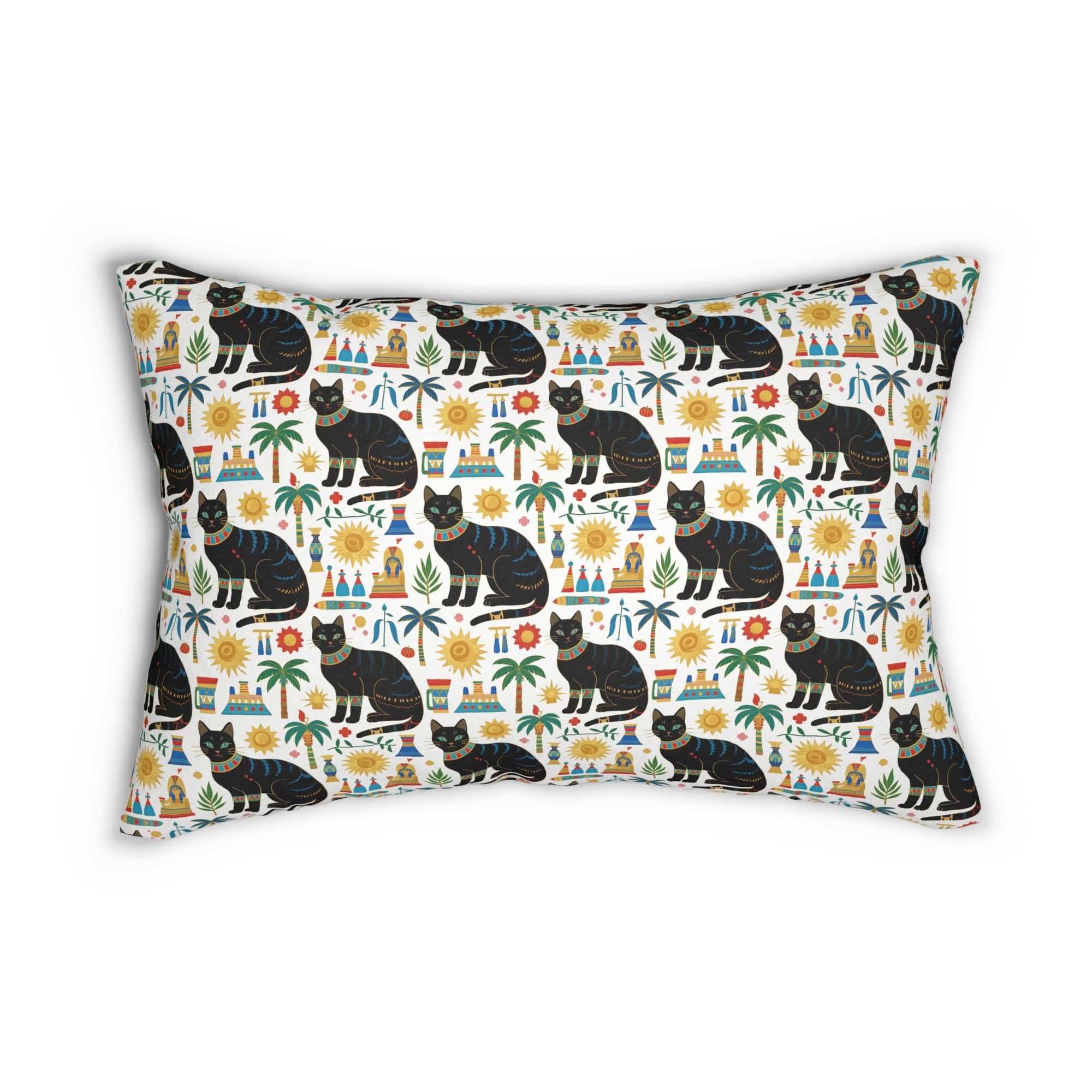 Indoor Lumbar Pillow - Majestic Black Egyptian Cats with Vibrant Adornments and Desert Motifs Create a Striking and Culturally Rich Design