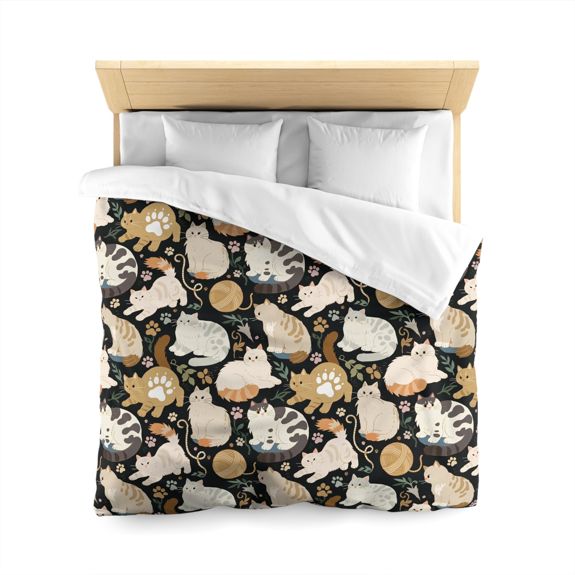 Duvet Cover - Diverse cats and kittens in a dark garden, various breeds and colors, soft natural tones with foliage and paw prints, charming animal illustration, dark background, gentle pet themed art