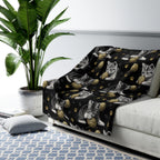Sherpa Blanket - Grey and White Kittens Playing with Golden Yarn on a Black Background with Paw Prints