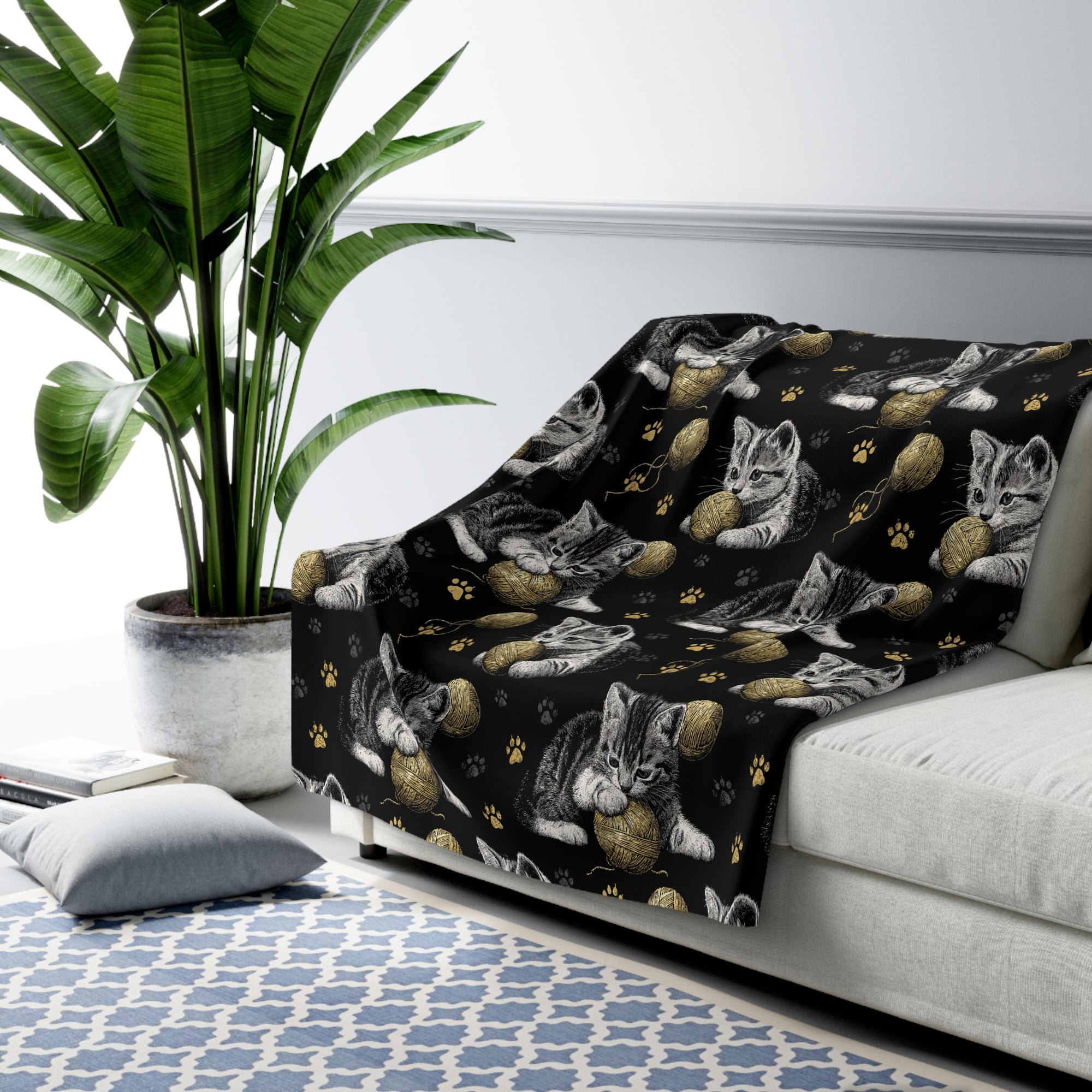 Sherpa Blanket - Grey and White Kittens Playing with Golden Yarn on a Black Background with Paw Prints