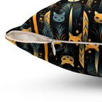 Indoor Square Pillow - A sleek and stylish Art Deco-inspired pattern depicting a serene nocturnal landscape with streamlined cat silhouettes and radiating golden light among abstract plants.