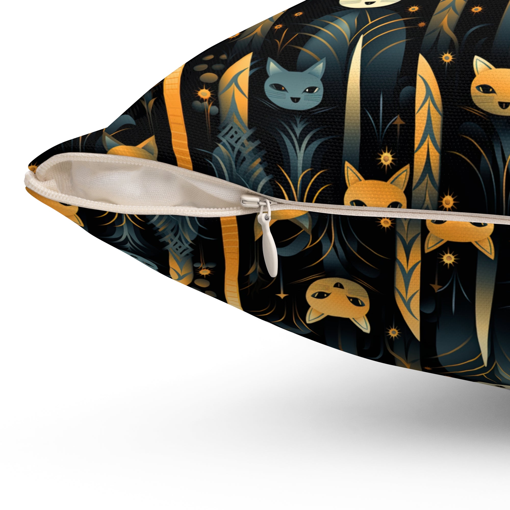 Indoor Square Pillow - A sleek and stylish Art Deco-inspired pattern depicting a serene nocturnal landscape with streamlined cat silhouettes and radiating golden light among abstract plants.