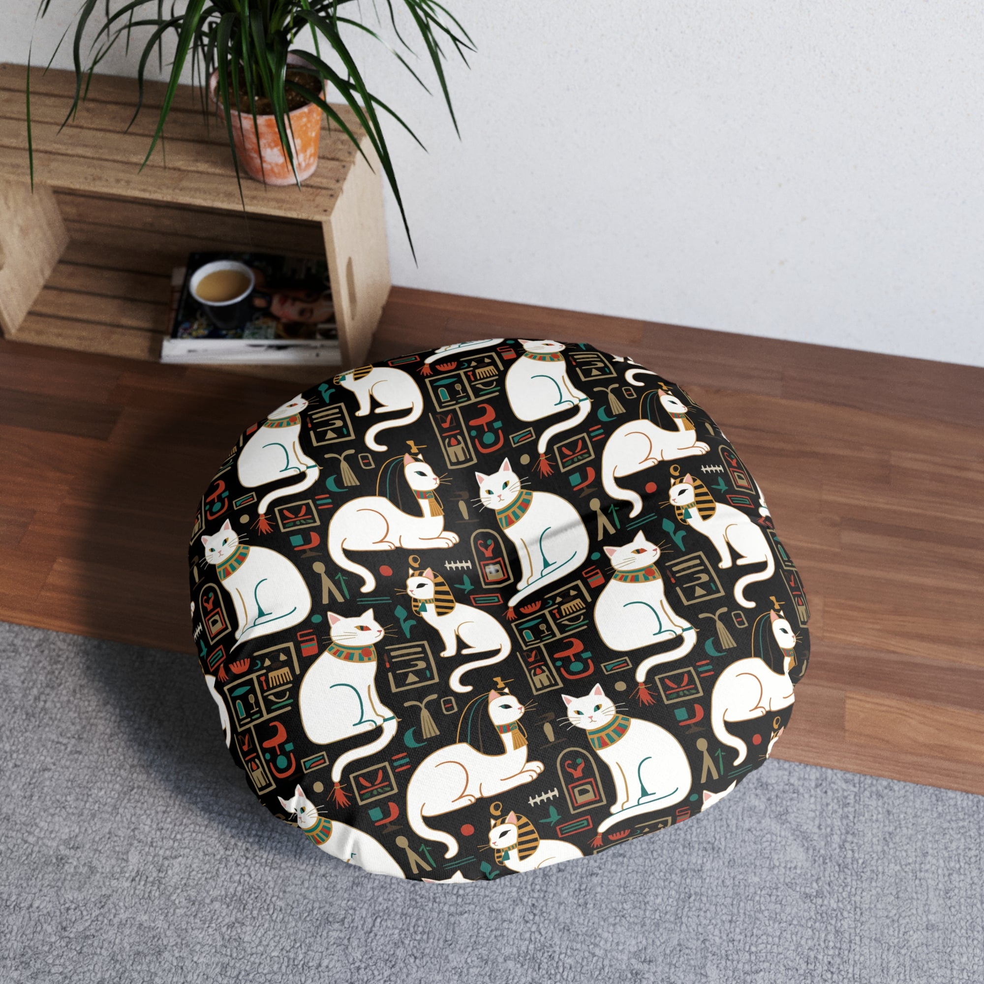 Indoor Round Floor Pillow - Regal White Egyptian Cats with Ornate Collars and Ancient Symbols Adorn this Historically Inspired and Mystical Pattern