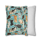 Square Pillowcase - A Delightful Assortment of Charming Cats in Diverse Poses and Breeds Scattered Across a Soft Blue Floral Background