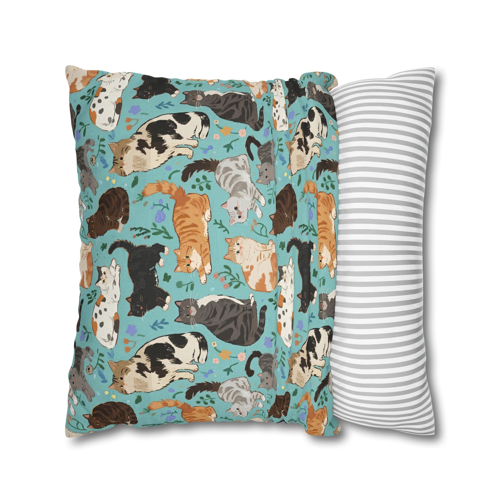 Square Pillowcase - A Delightful Assortment of Charming Cats in Diverse Poses and Breeds Scattered Across a Soft Blue Floral Background
