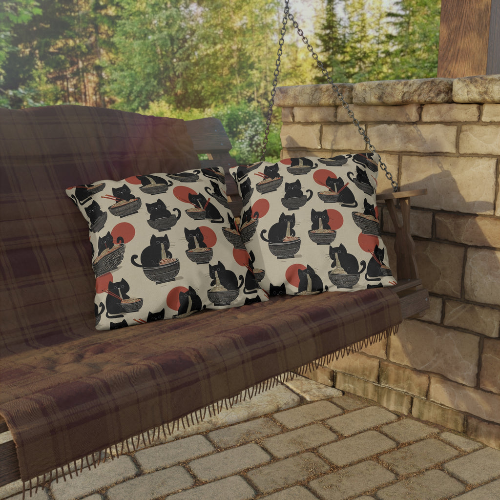 Outdoor Pillow - A whimsical and delightful hand-drawn style pattern of adorable black cats eating bowls of delicious ramen noodles with a large red sun in the background.
