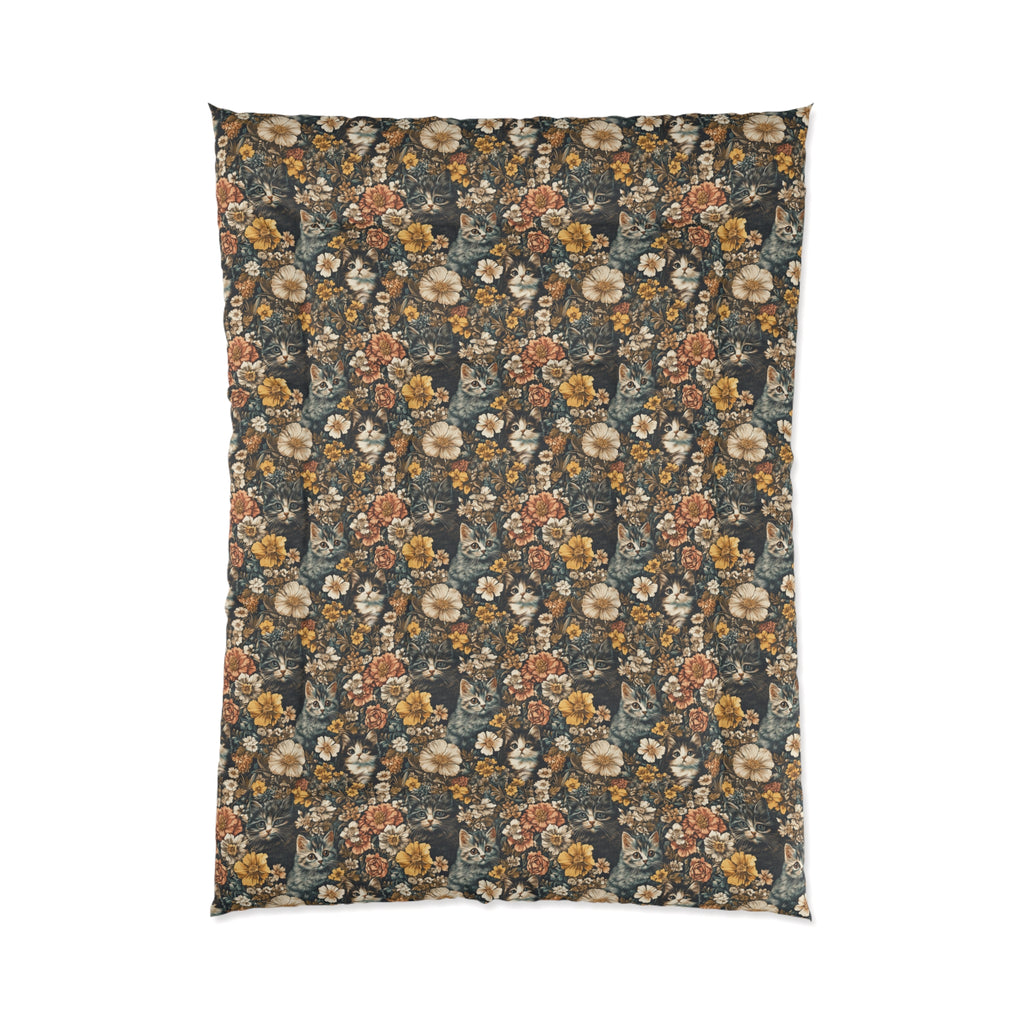 Comforter - Grey Tabby Kittens Among Yellow and Peach Flowers, Moody Vintage Botanical Illustration