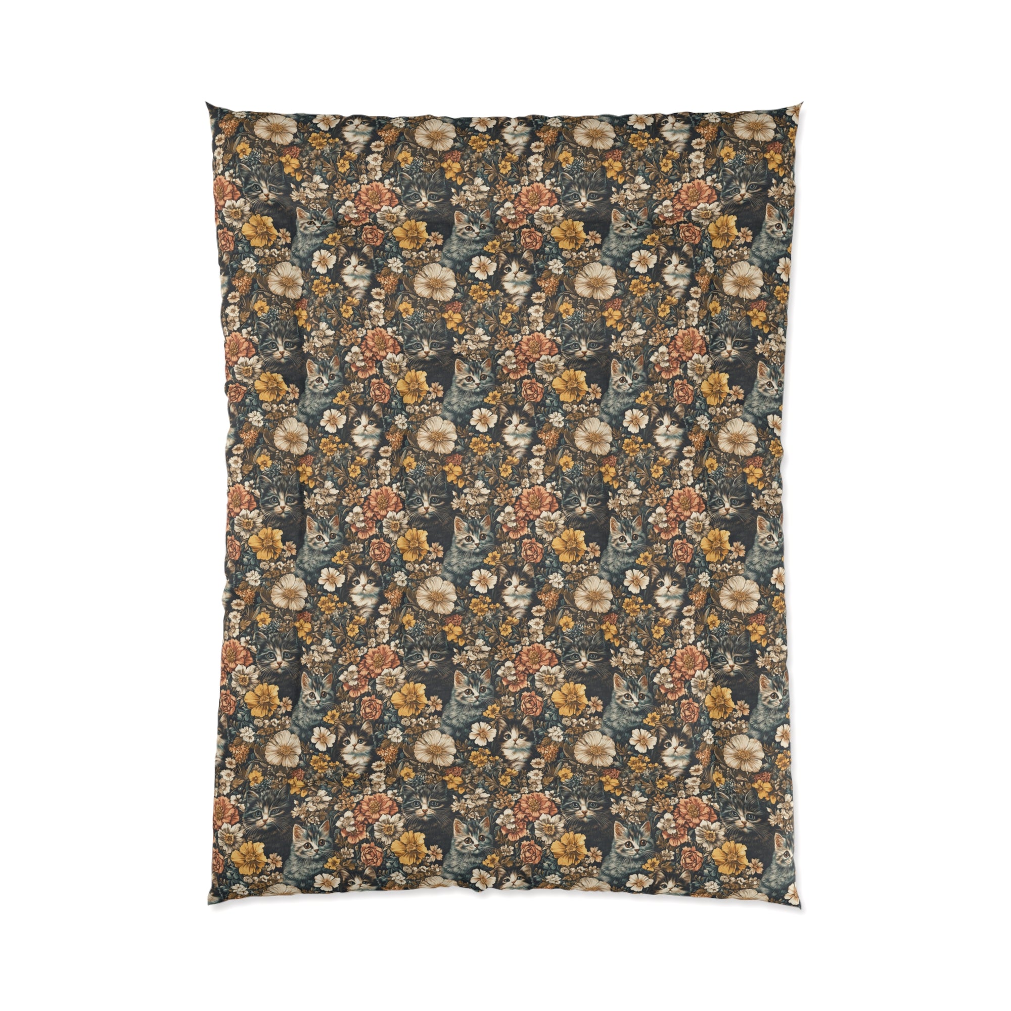 Comforter - Grey Tabby Kittens Among Yellow and Peach Flowers, Moody Vintage Botanical Illustration
