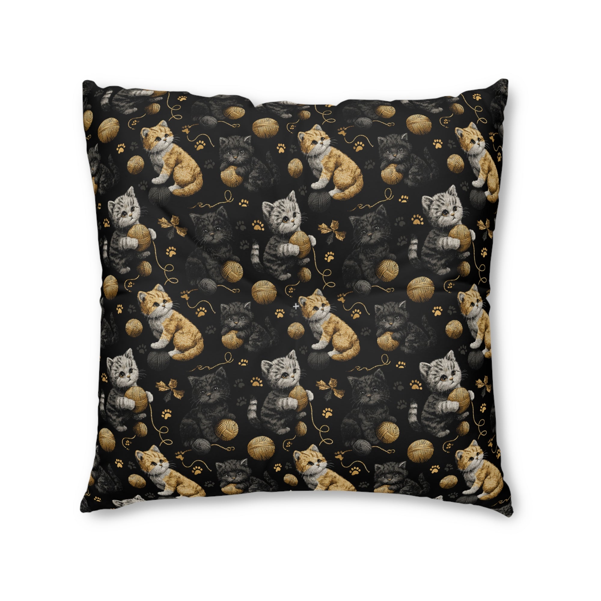 Indoor Square Floor Pillow - Assorted Cute Kittens with Colorful Yarn Balls and Paw Prints on a Black Backdrop