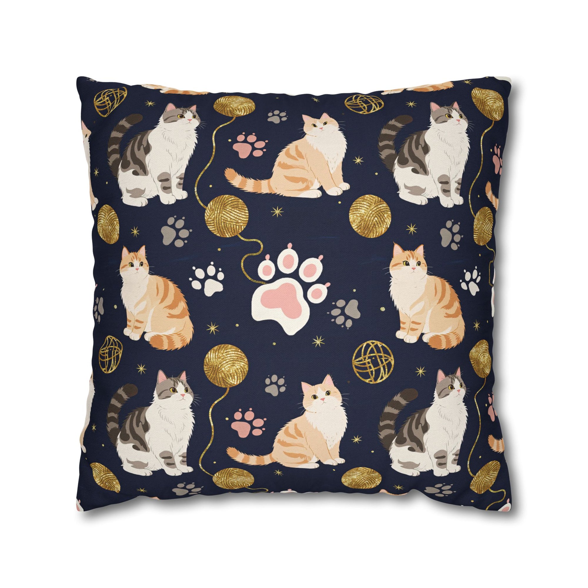 Square Pillowcase - Charming cats and golden yarn playful design, cute kittens with paw prints, whimsical animal art for cat lovers, dark blue background, delightful pet themed illustration