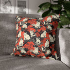 Square Pillowcase - A striking black-and-white illustration with red accents of charming cats perched on the branches of trees in a beautiful Japanese woodblock print style.