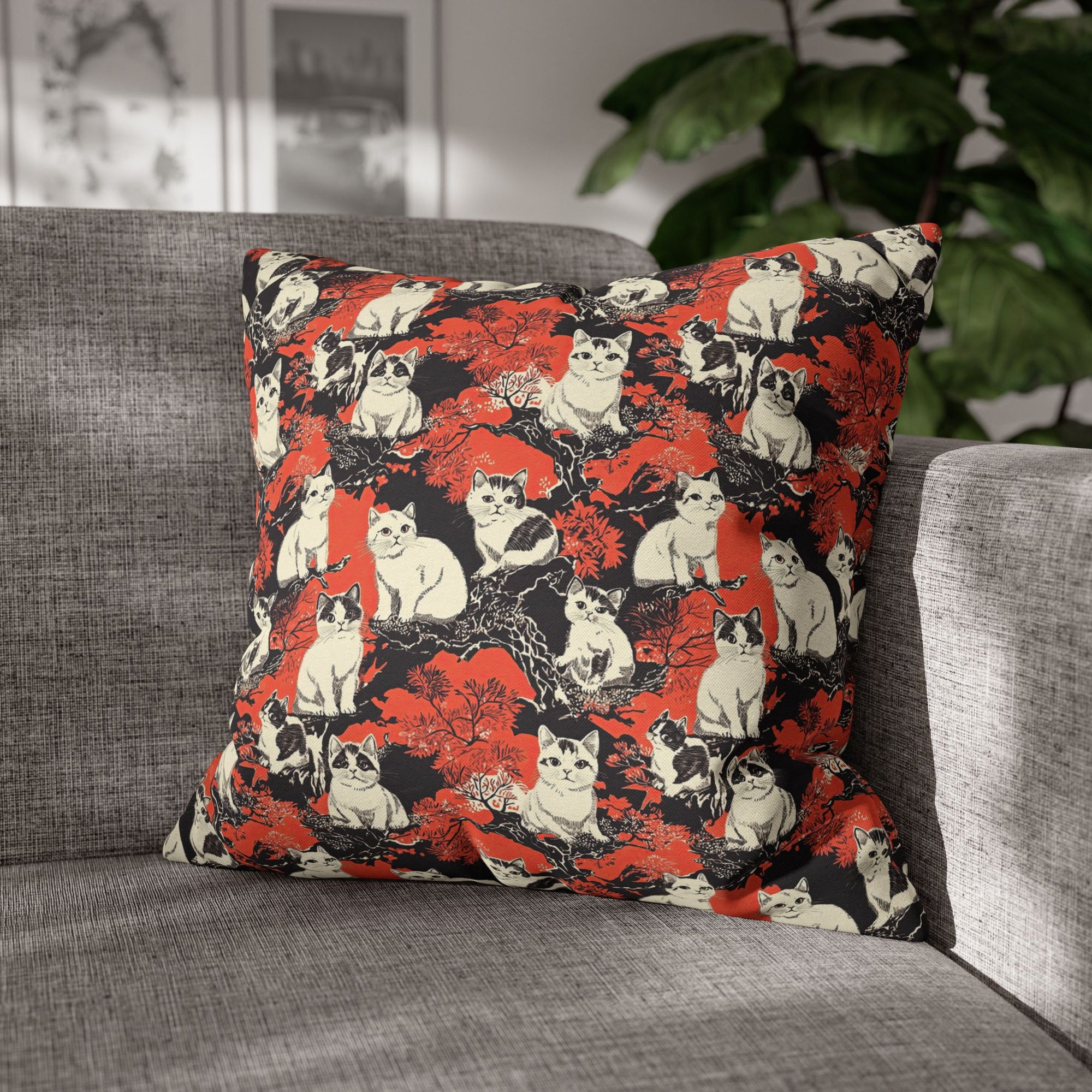 Square Pillowcase - A striking black-and-white illustration with red accents of charming cats perched on the branches of trees in a beautiful Japanese woodblock print style.