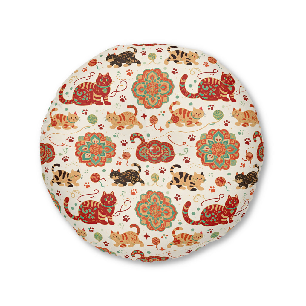 Indoor Round Floor Pillow - Vibrant boho chic cats and mandalas, colorful folk art style, playful felines with yarn and paw prints, artistic and bohemian cat design, cream background, unique animal print