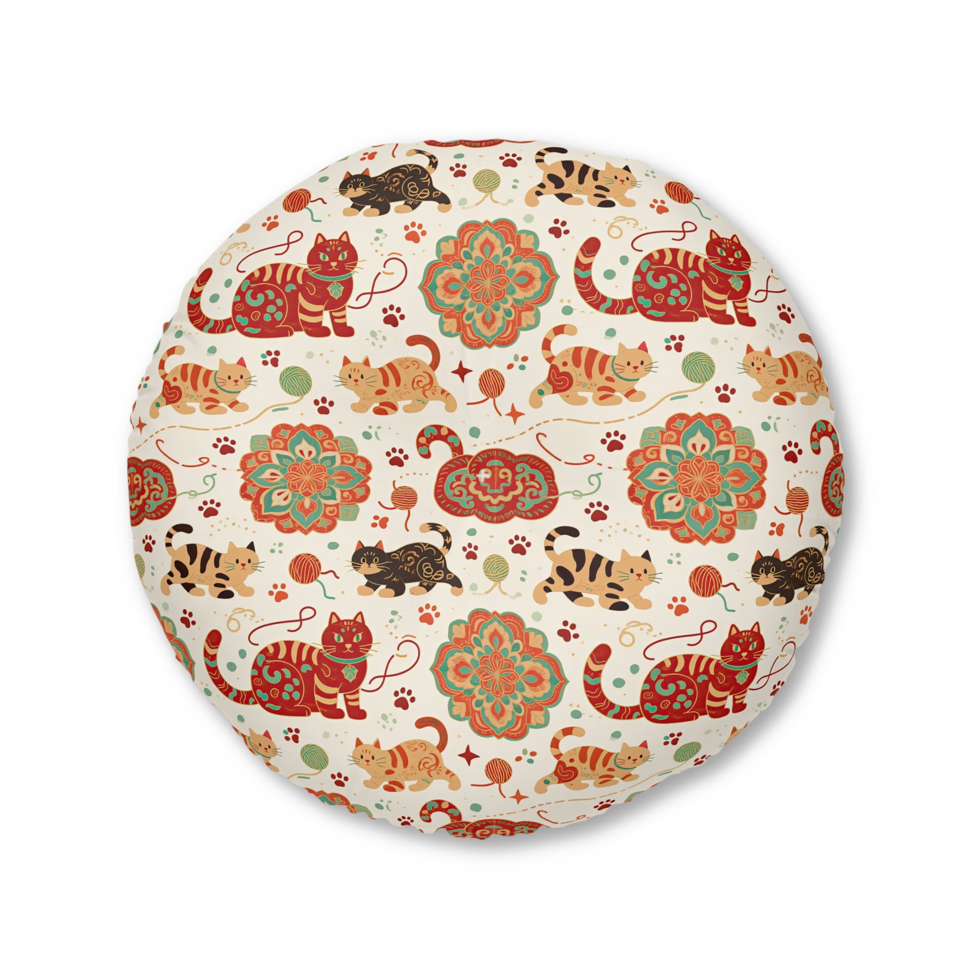 Indoor Round Floor Pillow - Vibrant boho chic cats and mandalas, colorful folk art style, playful felines with yarn and paw prints, artistic and bohemian cat design, cream background, unique animal print