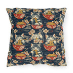 Outdoor Pillow - A charming and detailed illustration of happy kittens in red ramen bowls eating their noodles with chopsticks among beautiful pink cherry blossoms on a dark background.