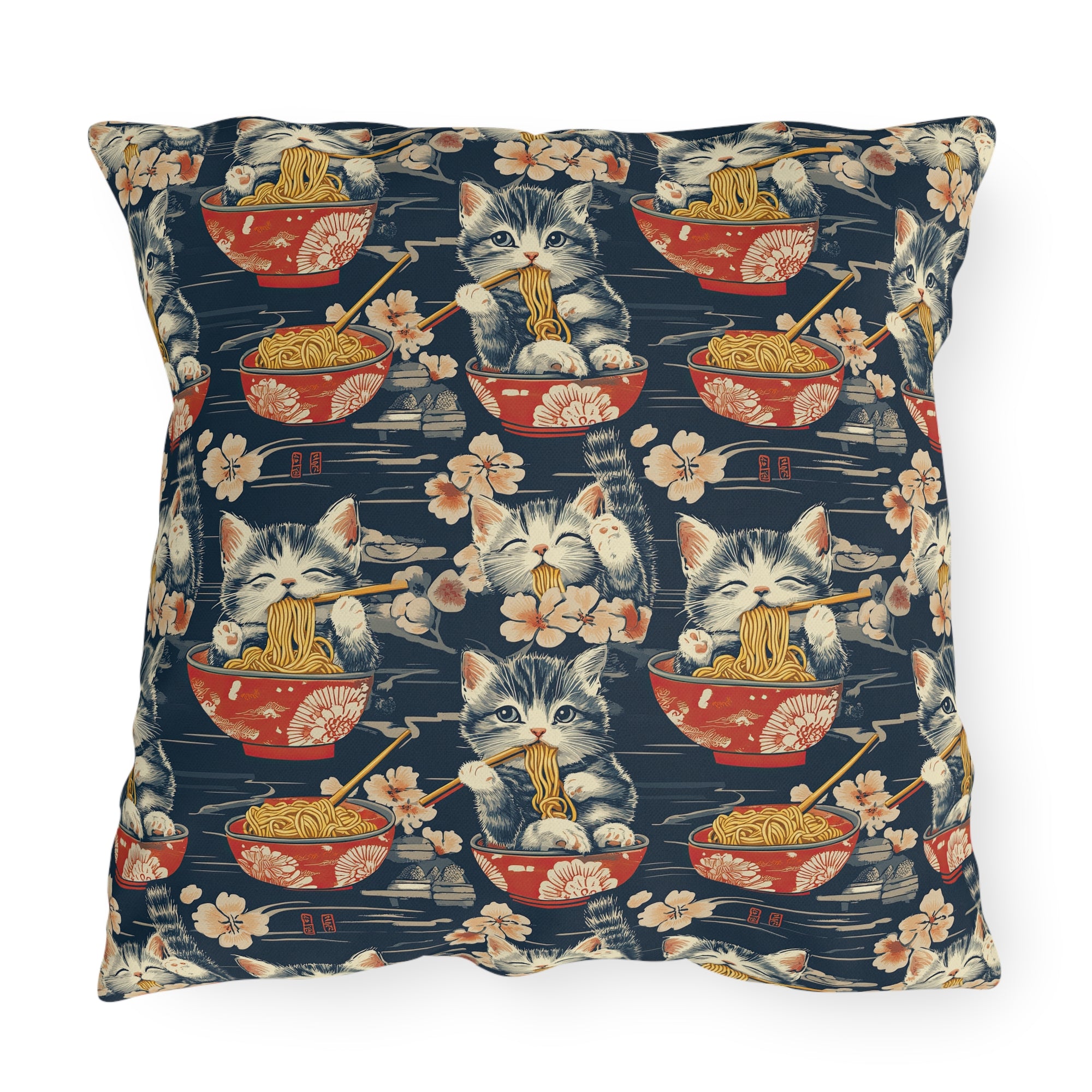 Outdoor Pillow - A charming and detailed illustration of happy kittens in red ramen bowls eating their noodles with chopsticks among beautiful pink cherry blossoms on a dark background.