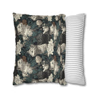Square Pillowcase - Grey and White Kittens with Creamy White Flowers and Dark Green Foliage, Elegant Vintage Vibe