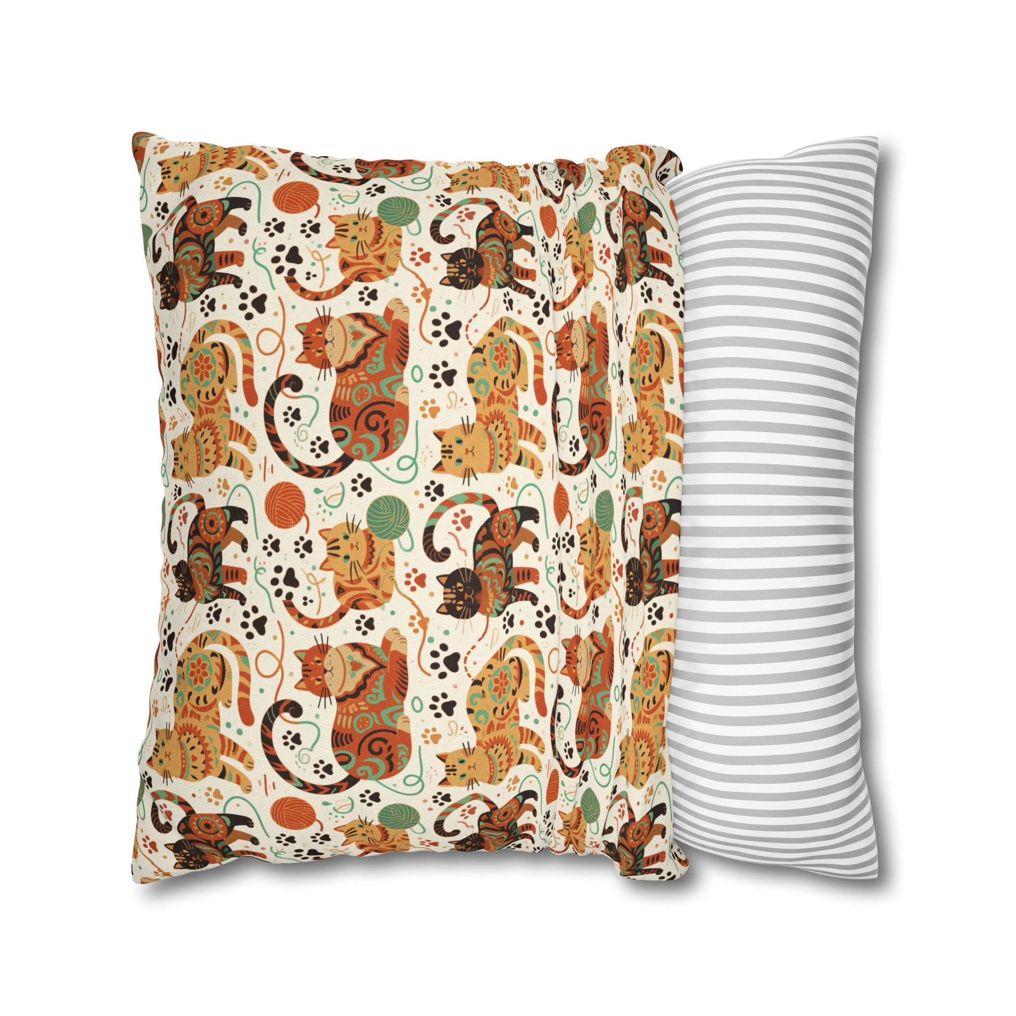 Square Pillowcase - Colorful folk art patterned cats, vibrant orange and teal hues, playful felines with yarn and paw prints, bohemian animal illustration, cream background, artistic and cheerful design