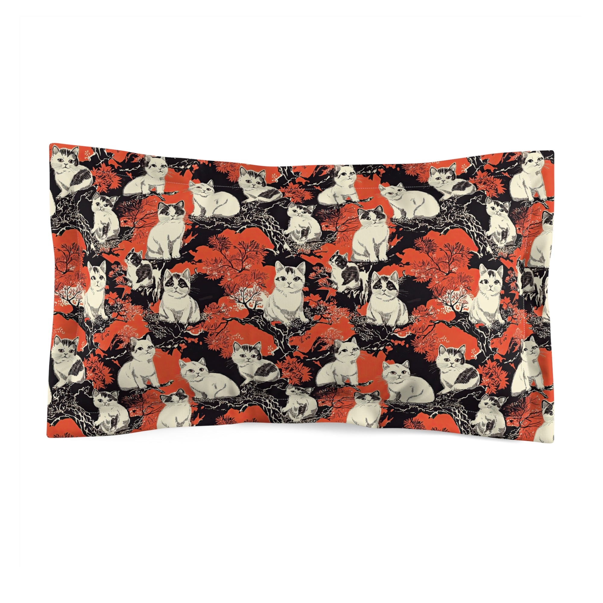 Pillow Sham - A striking black-and-white illustration with red accents of charming cats perched on the branches of trees in a beautiful Japanese woodblock print style.
