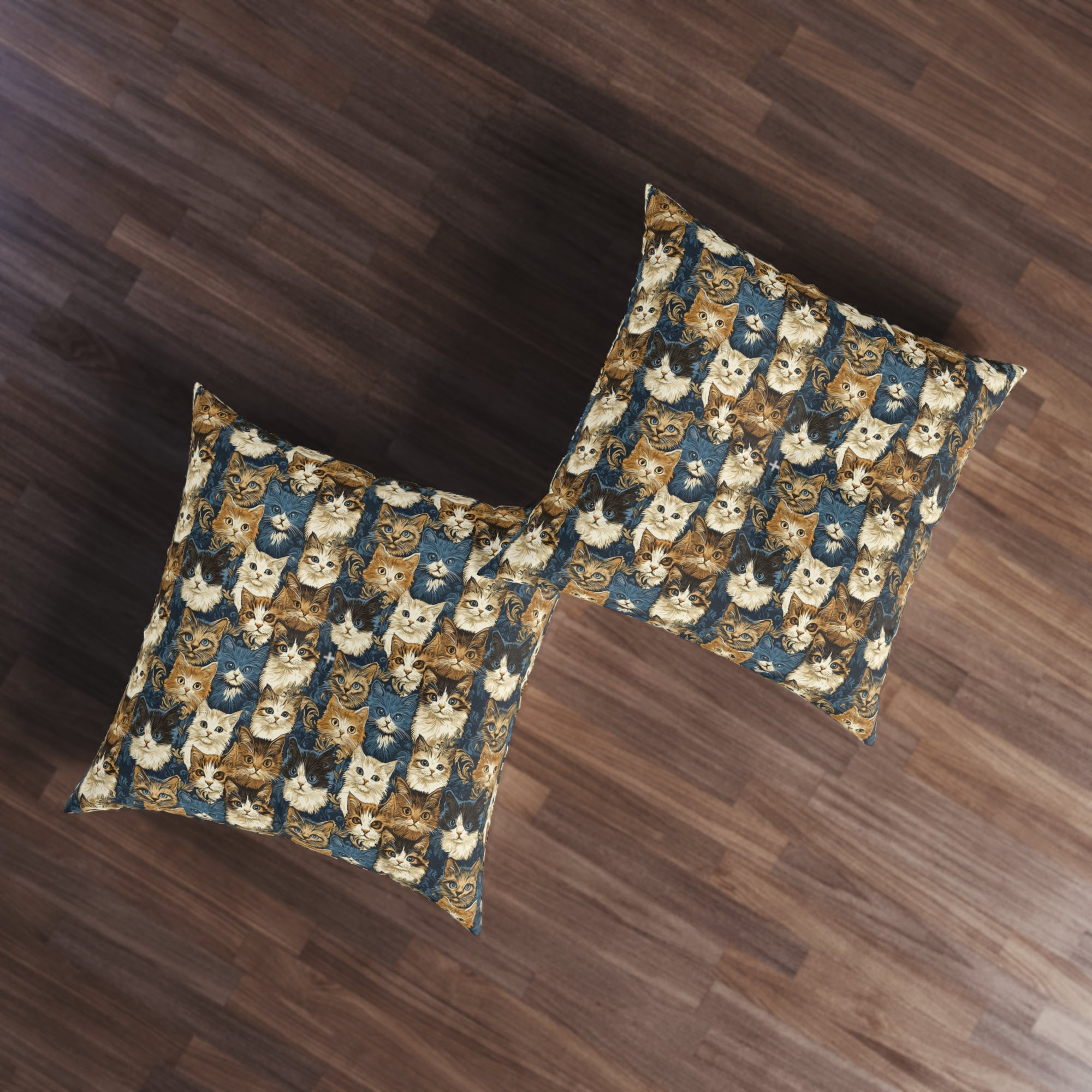 Indoor Square Floor Pillow - Blue Eyed Cats with Brown and White Fur on a Deep Blue Damask Background