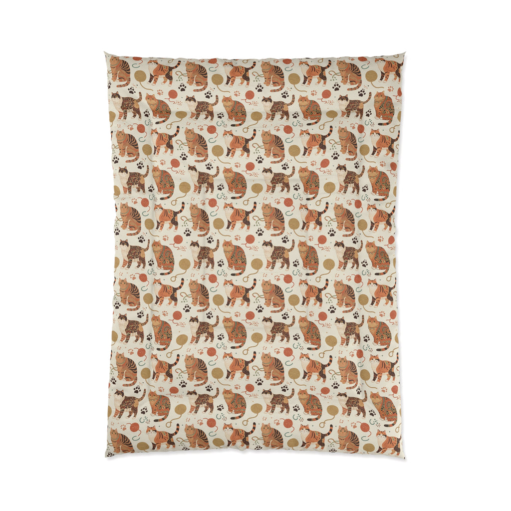 Comforter - Artistic patterned cats in warm earth tones, unique tribal and folk art designs, playful felines with yarn and paw prints, bohemian animal print, cream background, creative cat art