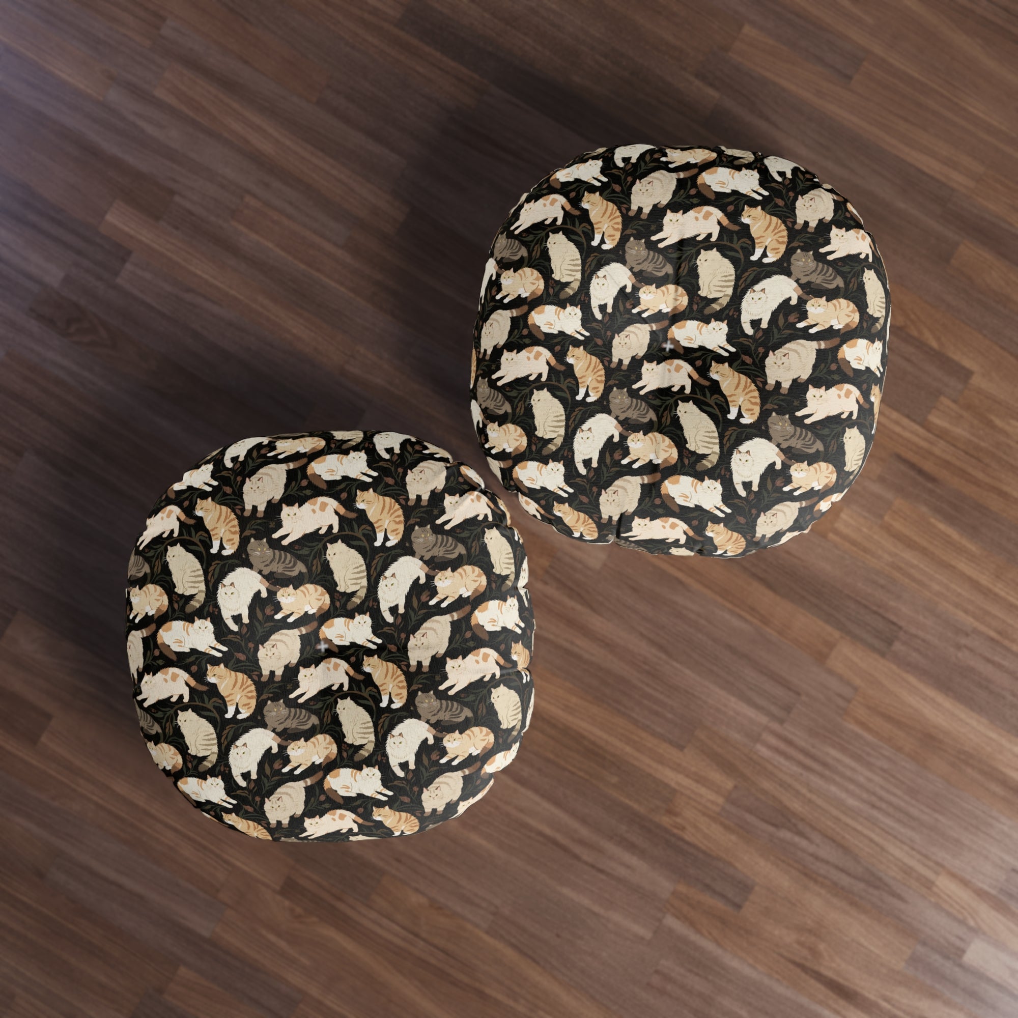 Indoor Round Floor Pillow - Earthy Toned Cats Lounge and Play Amidst Dark Foliage in a Serene and Naturally Inspired Seamless Pattern Design