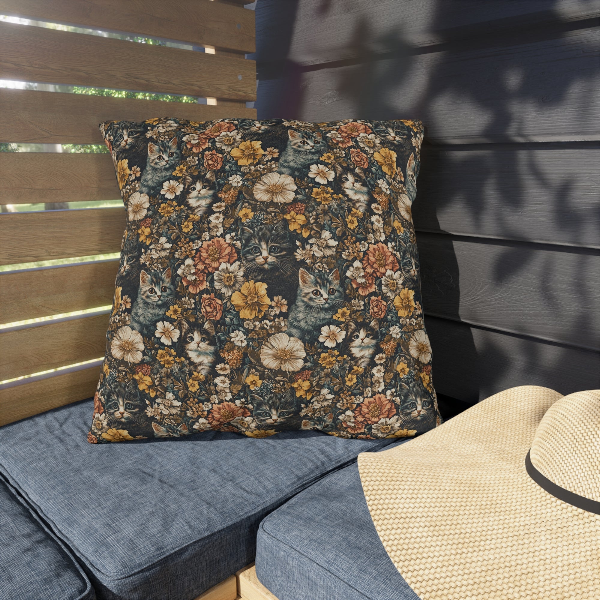 Outdoor Pillow - Grey Tabby Kittens Among Yellow and Peach Flowers, Moody Vintage Botanical Illustration