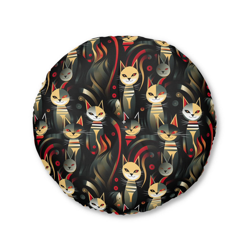 Indoor Round Floor Pillow - A bold and striking Art Deco pattern showcasing stylized feline portraits with sharp, gold lines and geometric shapes set against a dark, dramatic background.