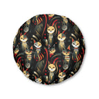 Indoor Round Floor Pillow - A bold and striking Art Deco pattern showcasing stylized feline portraits with sharp, gold lines and geometric shapes set against a dark, dramatic background.