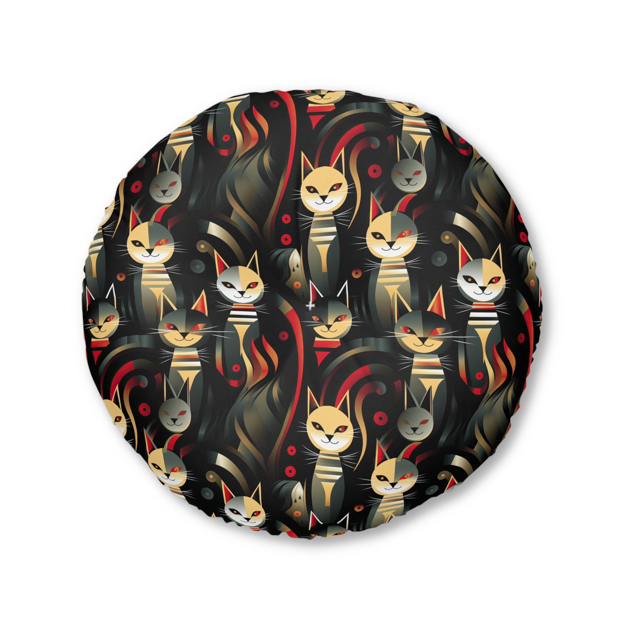 Indoor Round Floor Pillow - A bold and striking Art Deco pattern showcasing stylized feline portraits with sharp, gold lines and geometric shapes set against a dark, dramatic background.