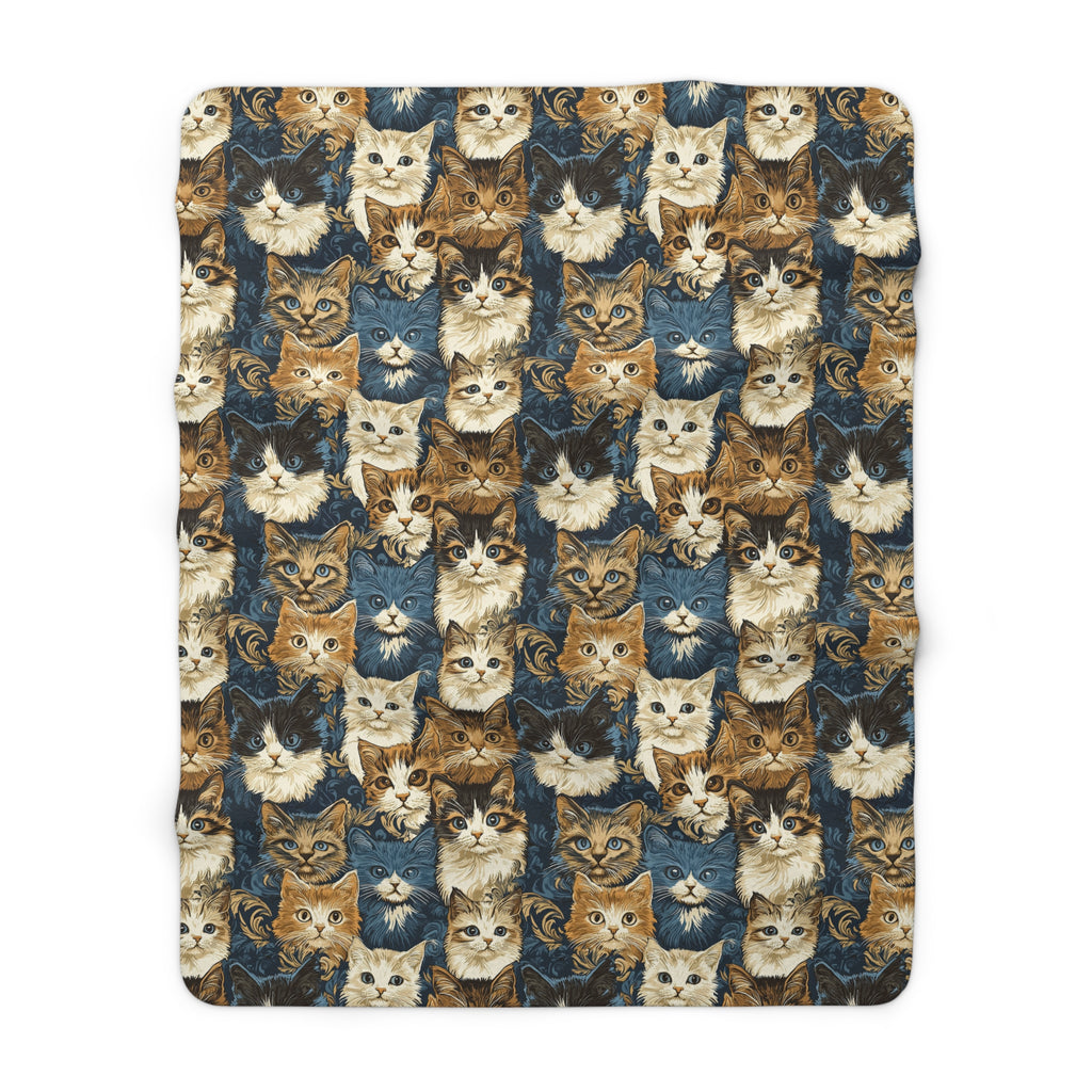 Sherpa Blanket - Blue Eyed Cats with Brown and White Fur on a Deep Blue Damask Background