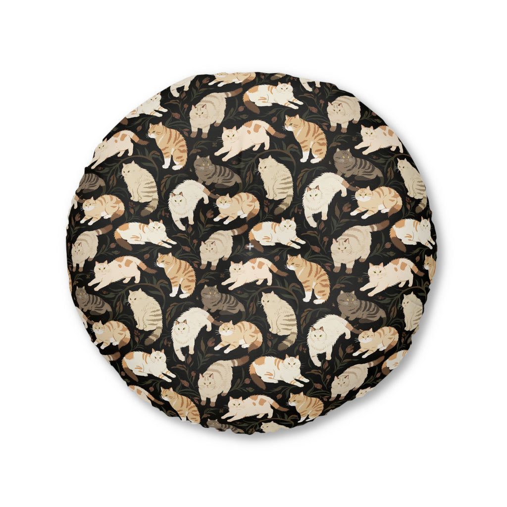 Indoor Round Floor Pillow - Earthy Toned Cats Lounge and Play Amidst Dark Foliage in a Serene and Naturally Inspired Seamless Pattern Design
