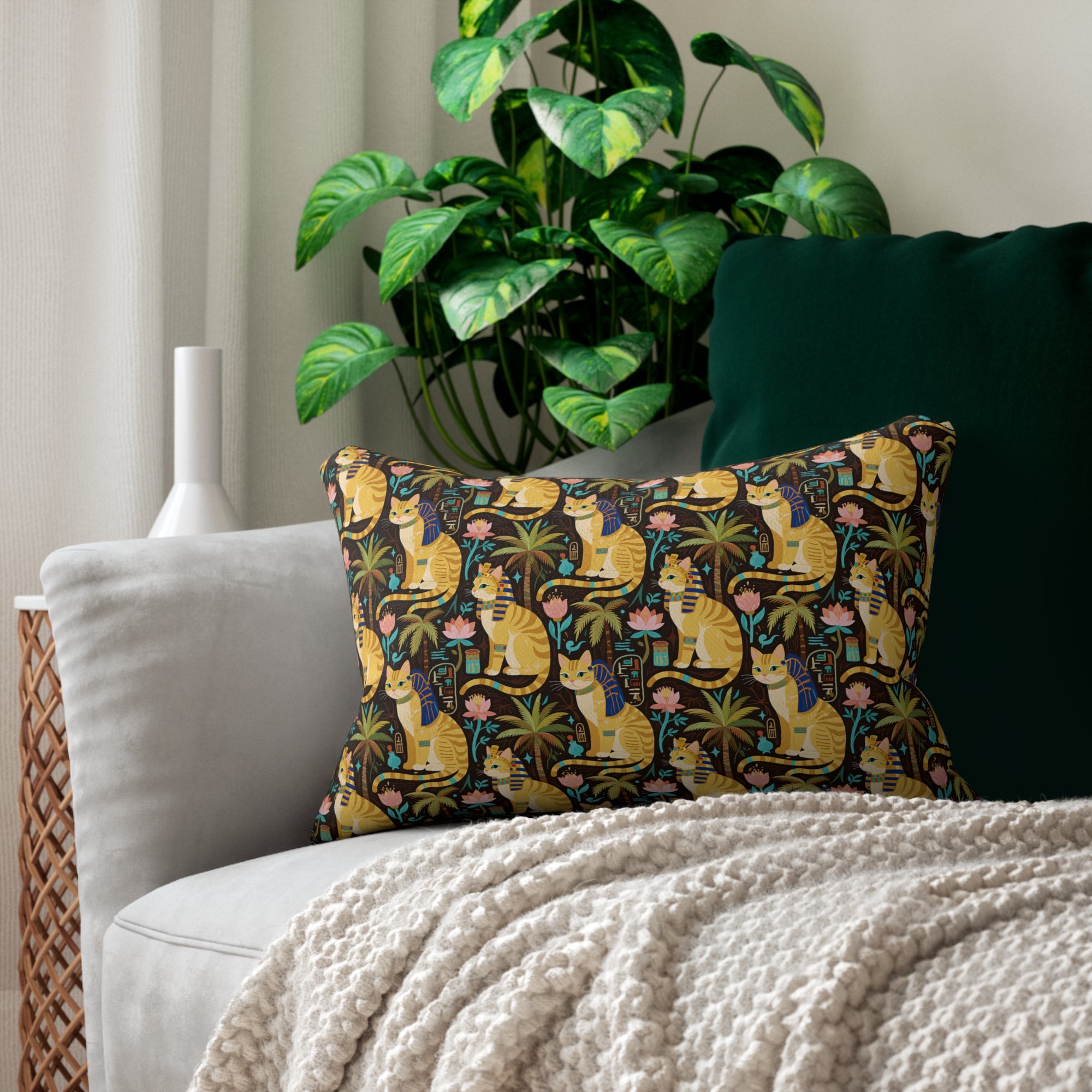Indoor Lumbar Pillow - Golden Egyptian Cats with Pharaonic Headpieces Amidst Lush Palms and Lotus Flowers in an Exotic and Vibrant Scene