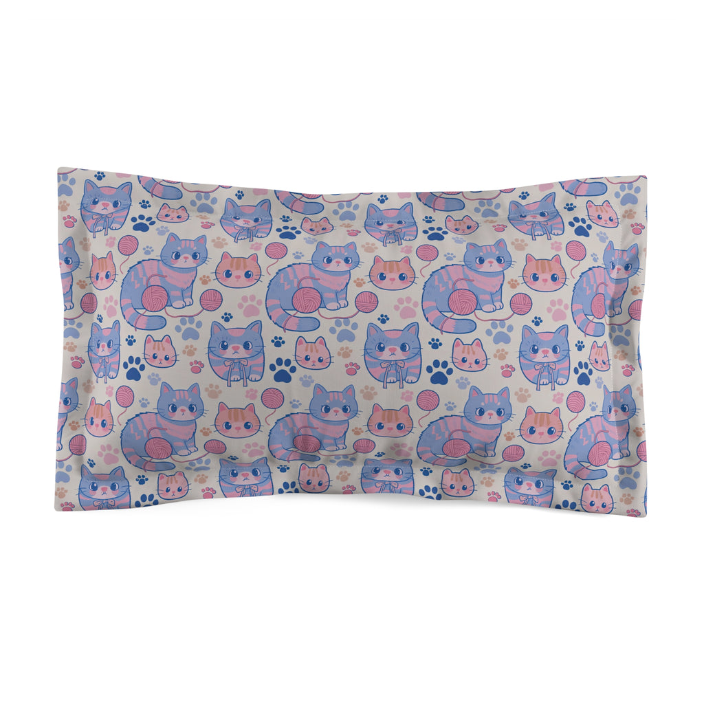 Pillow Sham - Sweet pastel blue and pink cartoon cats, cute kawaii style kittens with yarn and paw prints, charming and playful animal design, light cream background, delightful pet pattern