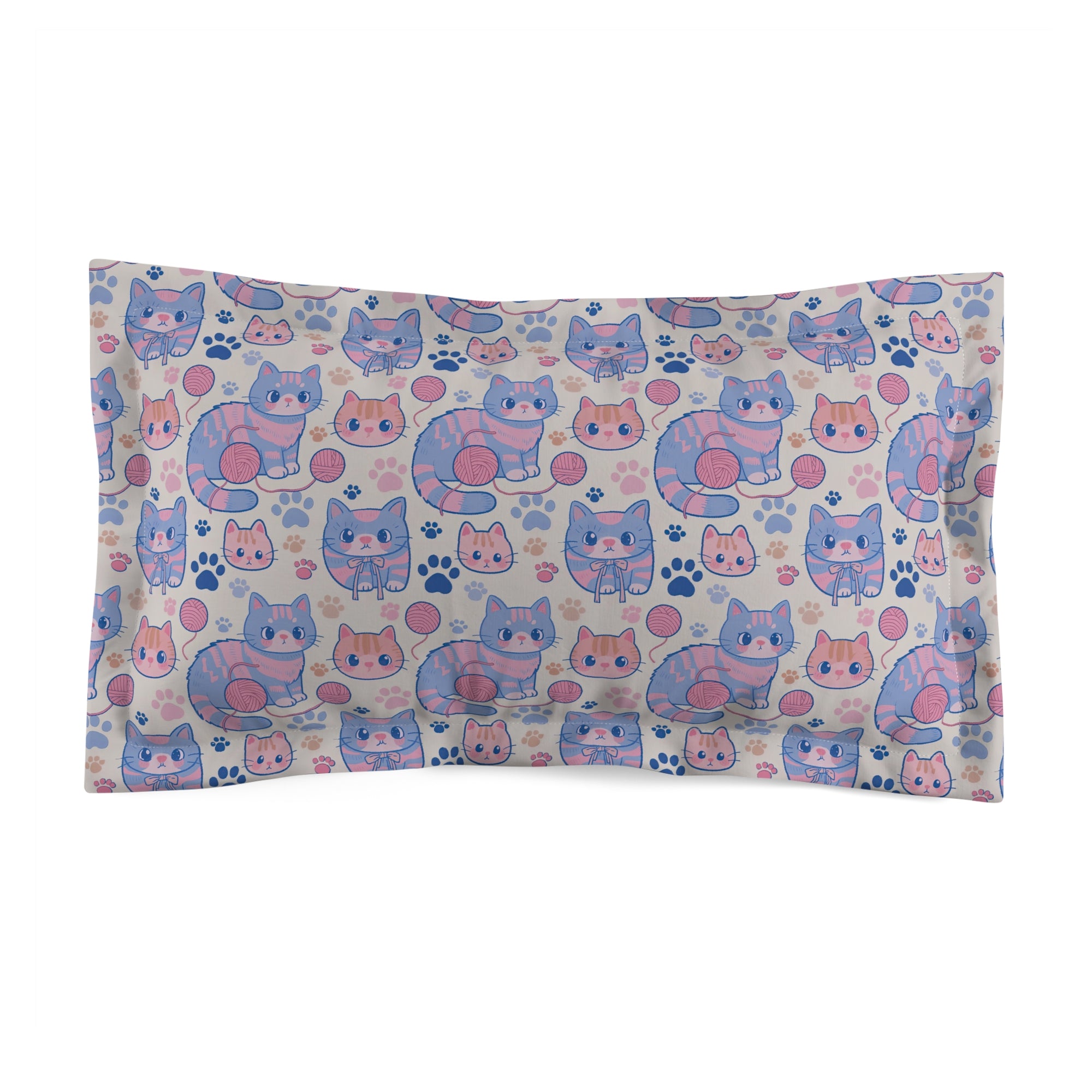Pillow Sham - Sweet pastel blue and pink cartoon cats, cute kawaii style kittens with yarn and paw prints, charming and playful animal design, light cream background, delightful pet pattern