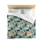 Duvet Cover - A Delightful Assortment of Charming Cats in Diverse Poses and Breeds Scattered Across a Soft Blue Floral Background