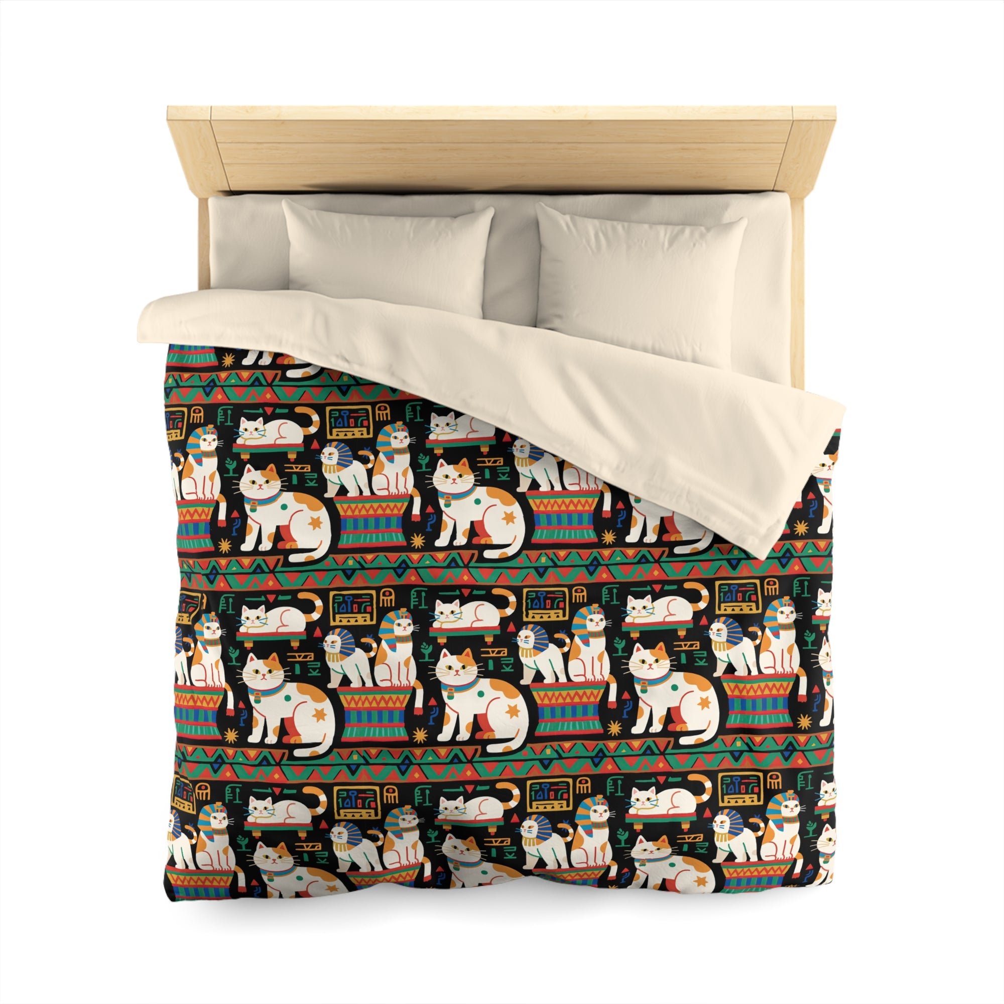 Duvet Cover - Ancient Egyptian Felines with Hieroglyphs and Colorful Borders Adorn this Playful and Culturally Rich Cat Pattern