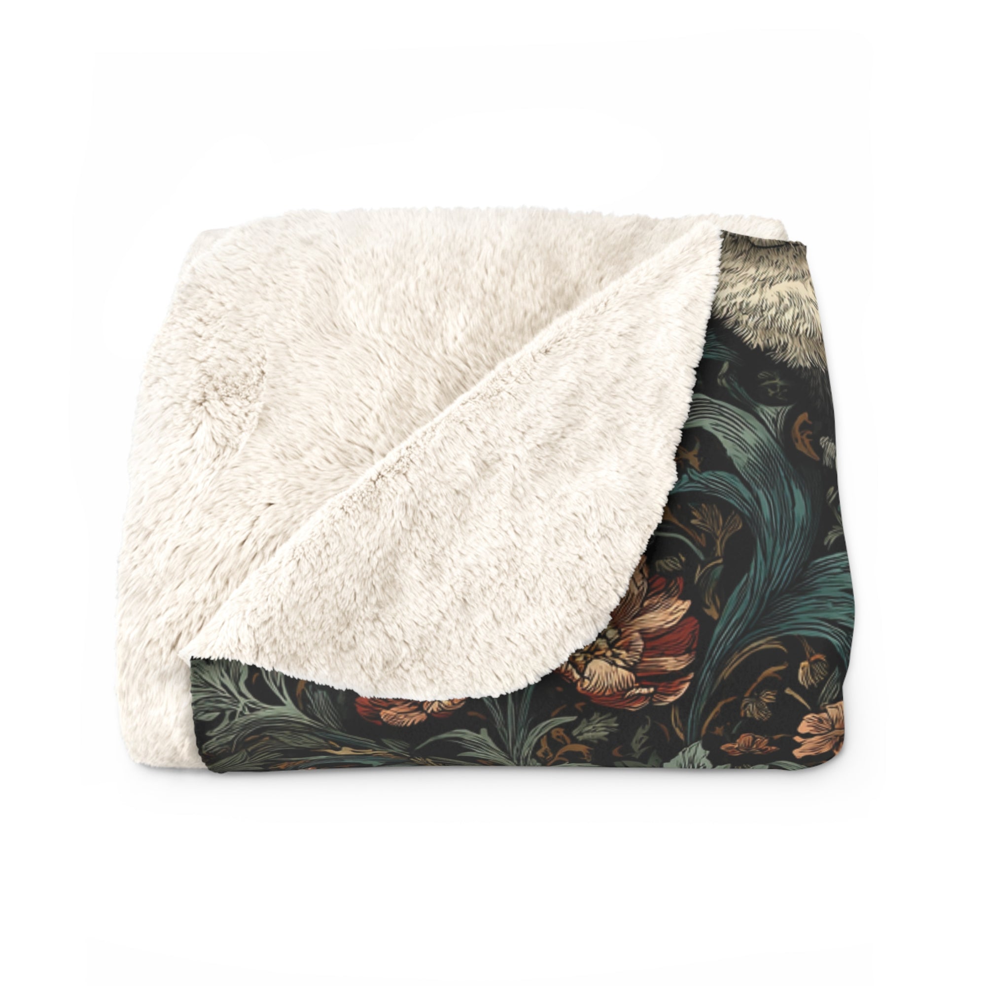 Sherpa Blanket - Brown Tabby Kittens Among Dark Green and Peach Floral Vines, Moody Vintage Style