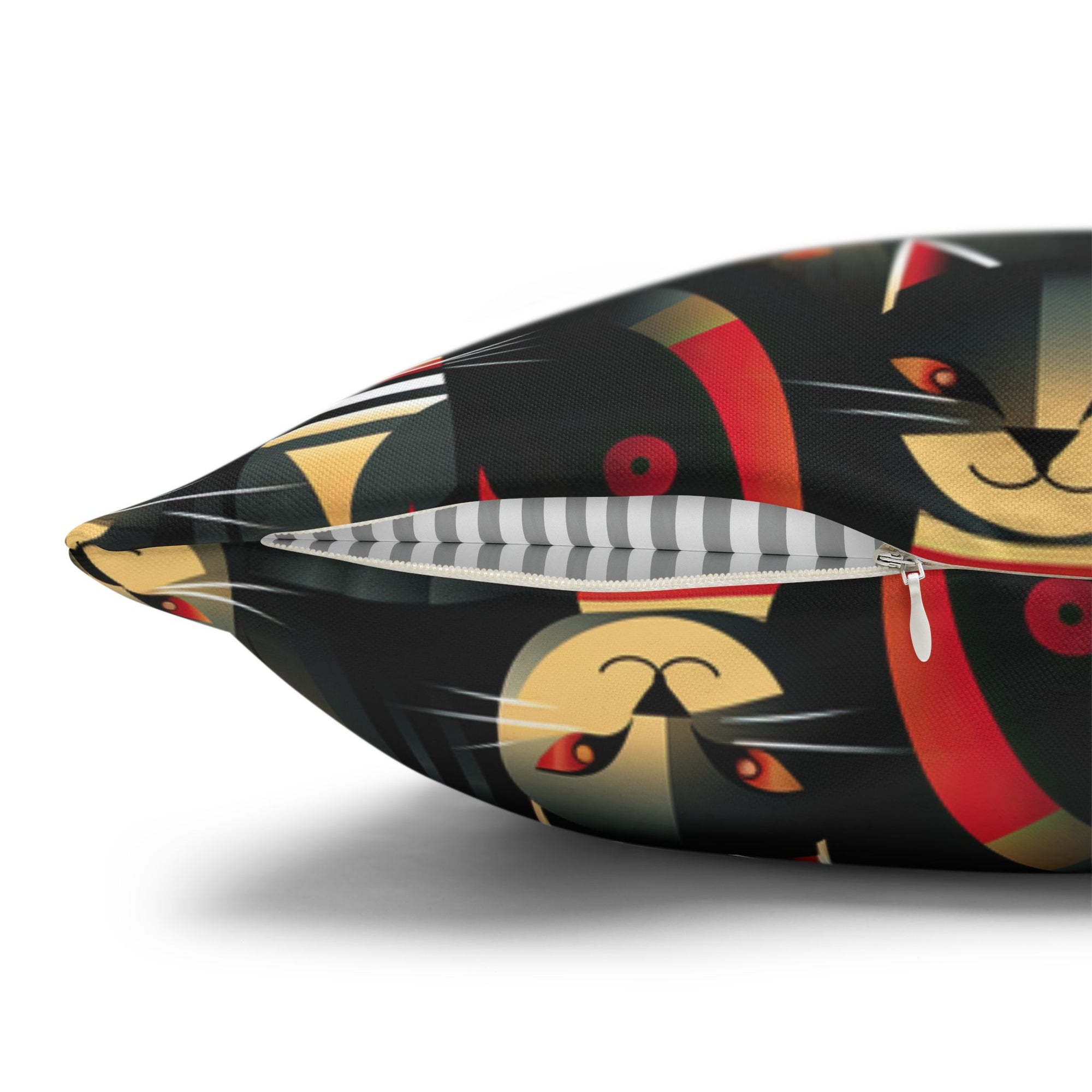 Square Pillowcase - A bold and striking Art Deco pattern showcasing stylized feline portraits with sharp, gold lines and geometric shapes set against a dark, dramatic background.