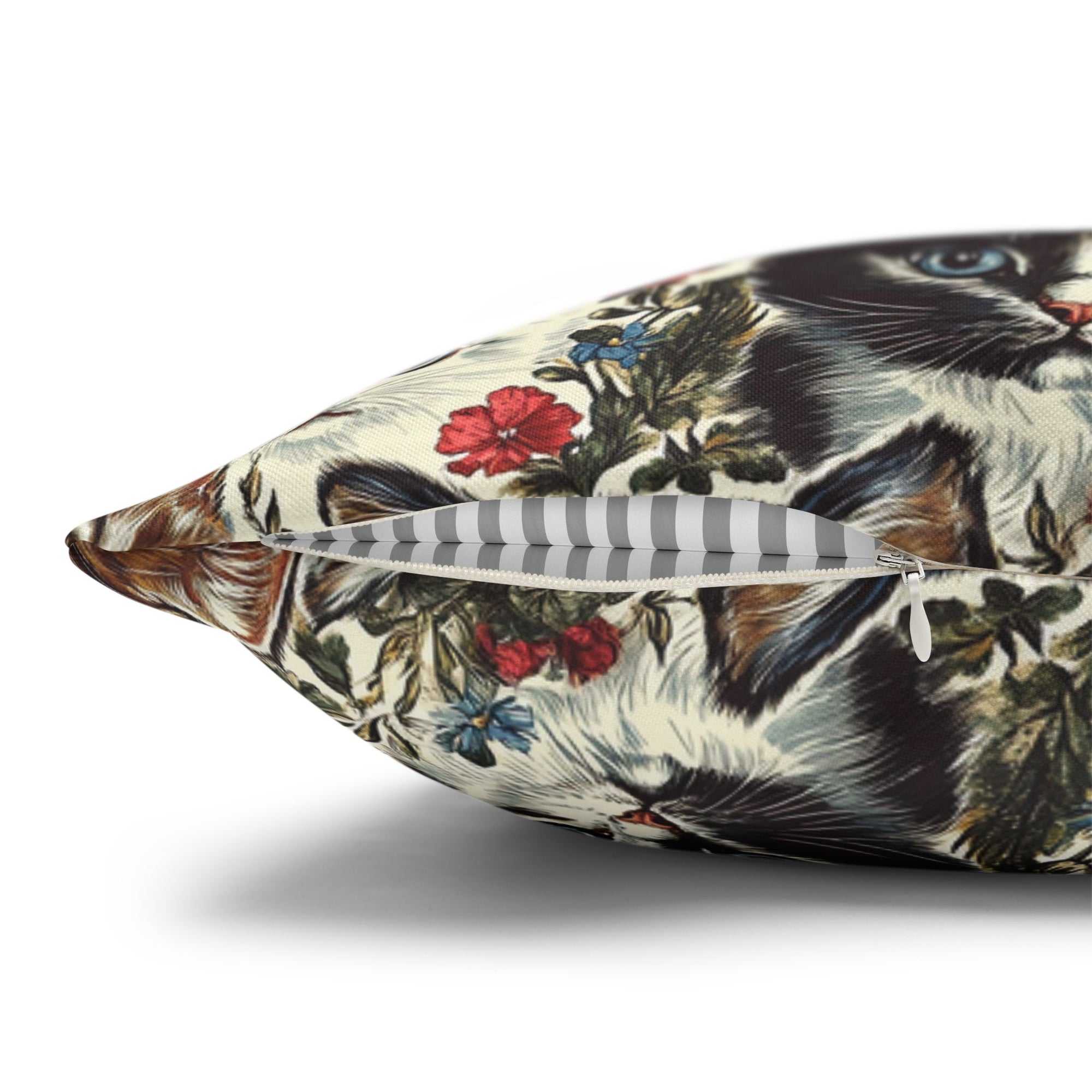 Square Pillowcase - Colorful Kitten Faces with Red and Blue Flowers, Whimsical and Bright, Pattern Design