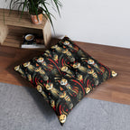 Indoor Square Floor Pillow - A bold and striking Art Deco pattern showcasing stylized feline portraits with sharp, gold lines and geometric shapes set against a dark, dramatic background.