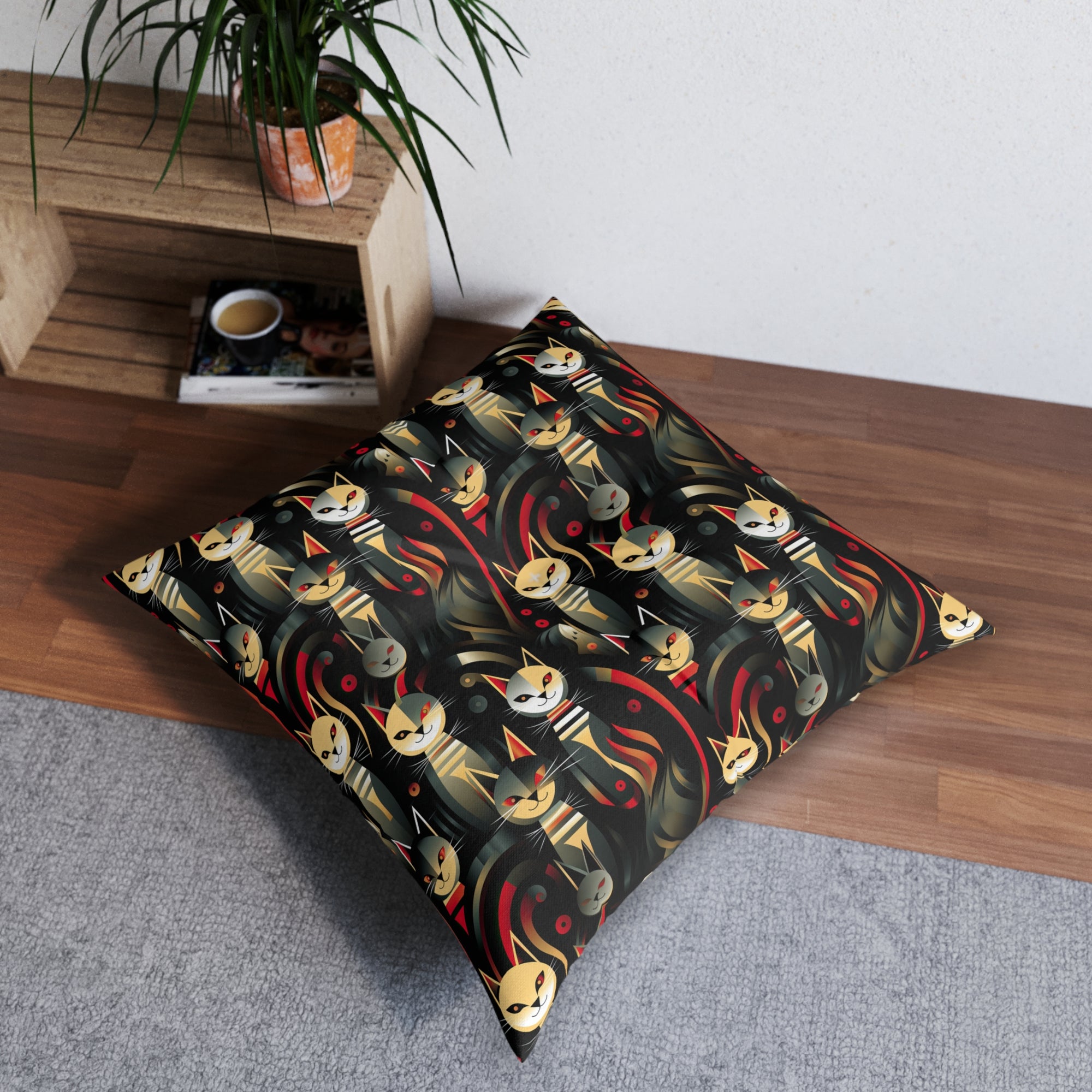 Indoor Square Floor Pillow - A bold and striking Art Deco pattern showcasing stylized feline portraits with sharp, gold lines and geometric shapes set against a dark, dramatic background.