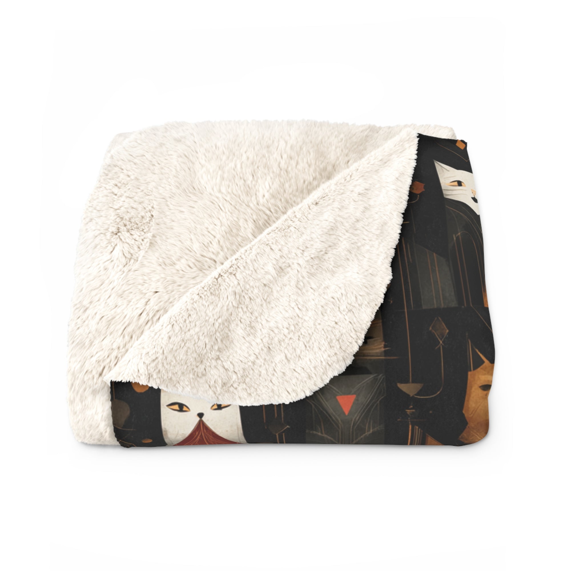 Sherpa Blanket - A striking and sophisticated Art Deco-style pattern of felines with bold, intricate lines and dramatic geometric shapes, all rendered in a unique gold and gray color palette.