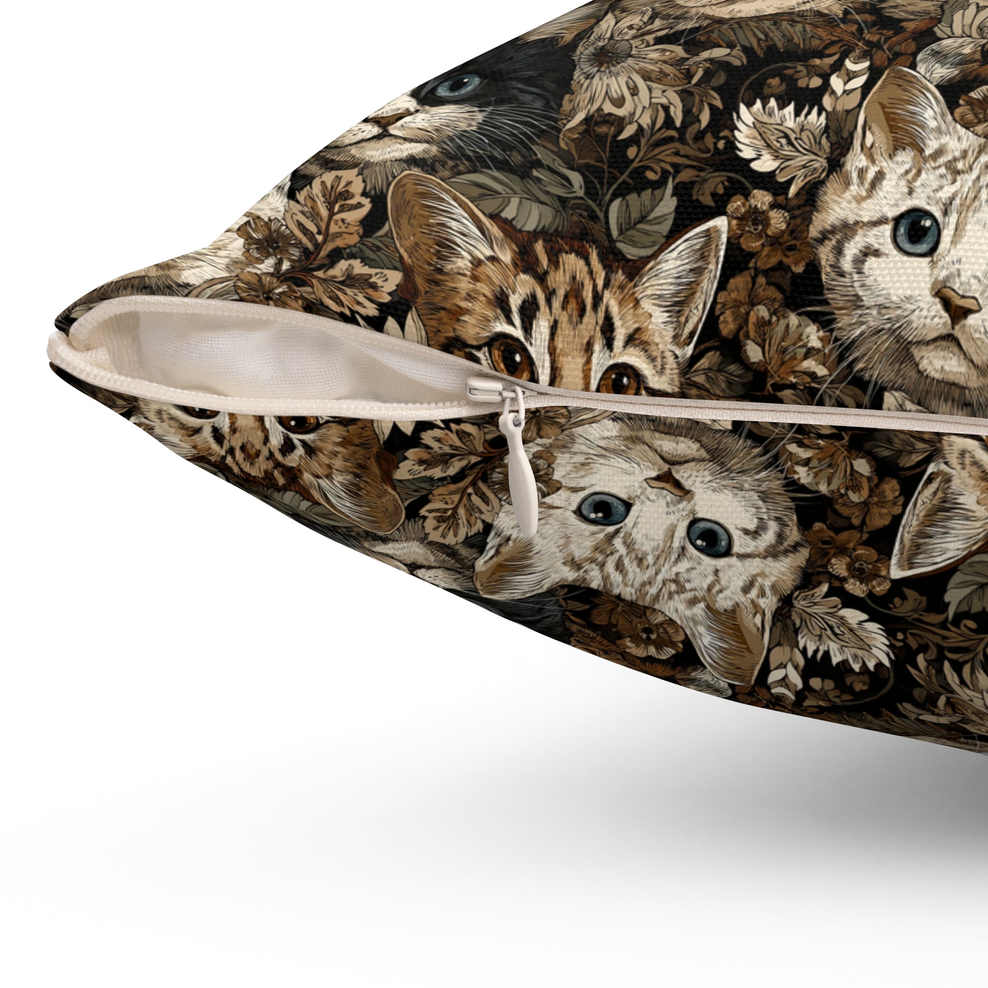 Indoor Square Pillow - An intricate and detailed vintage illustration featuring a close-up of various fluffy cats with bright eyes amidst lush, ornate floral foliage in sepia tones.