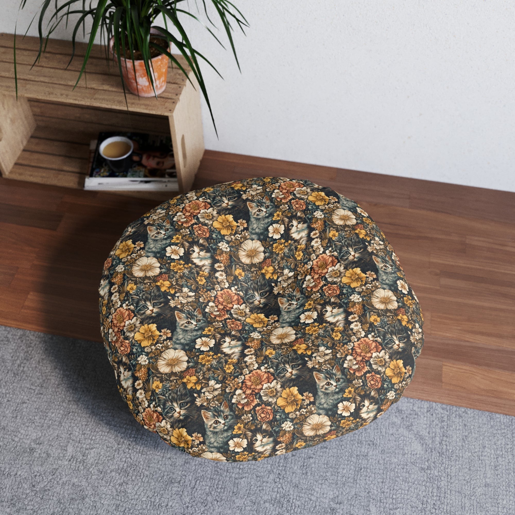 Indoor Round Floor Pillow - Grey Tabby Kittens Among Yellow and Peach Flowers, Moody Vintage Botanical Illustration