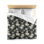 Duvet Cover - Grey and White Kittens with Creamy White Flowers and Dark Green Foliage, Elegant Vintage Vibe