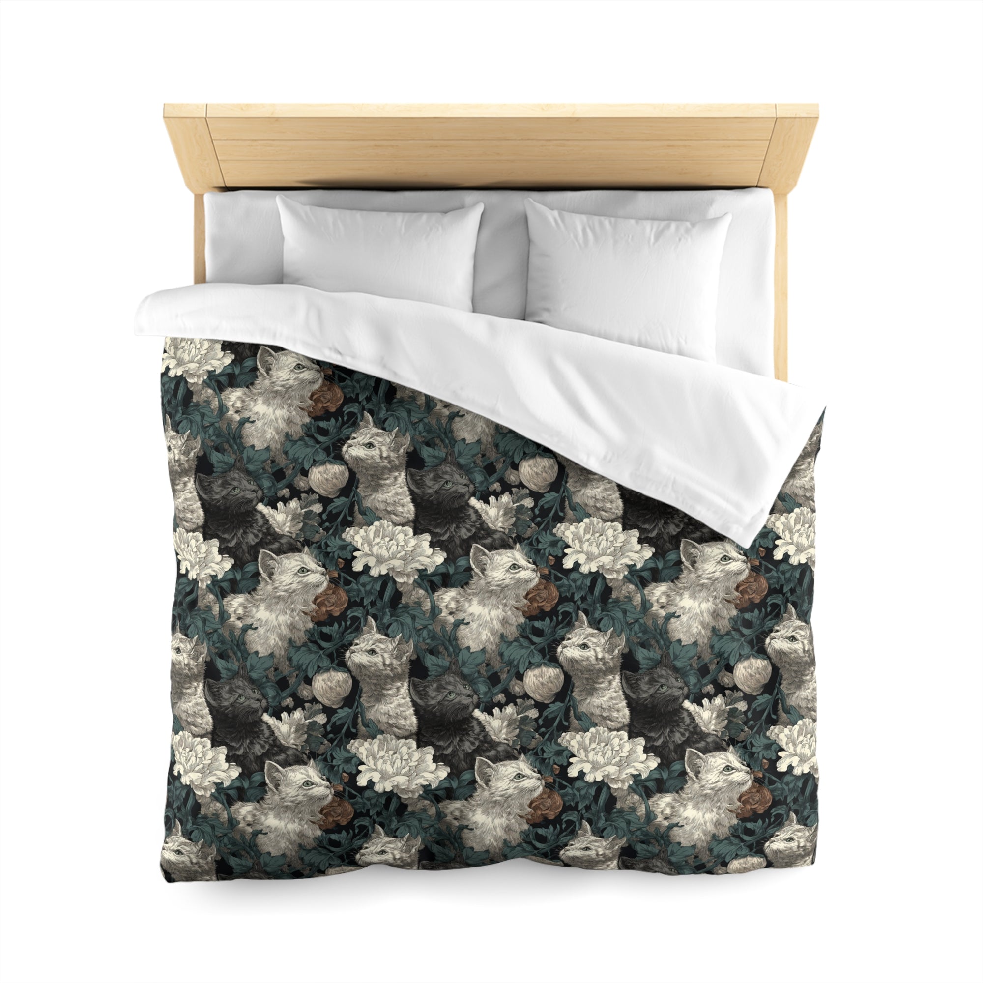 Duvet Cover - Grey and White Kittens with Creamy White Flowers and Dark Green Foliage, Elegant Vintage Vibe