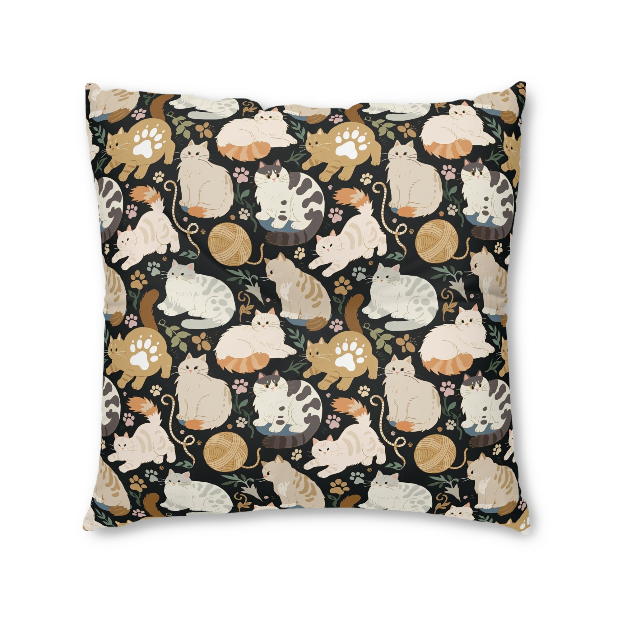 Indoor Square Floor Pillow - Diverse cats and kittens in a dark garden, various breeds and colors, soft natural tones with foliage and paw prints, charming animal illustration, dark background, gentle pet themed art