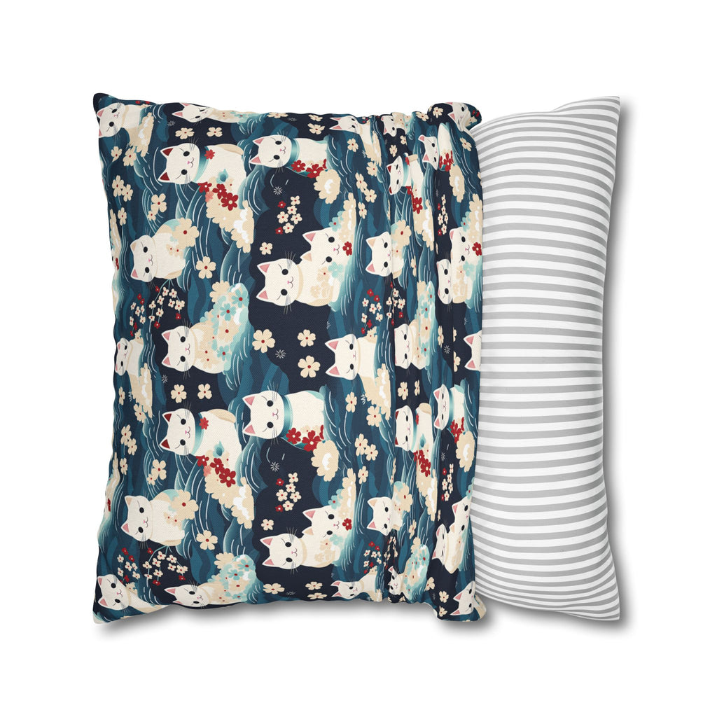 Square Pillowcase - A lovely, playful, Japanese-inspired illustration of sweet white cats sitting on rolling blue waves with red and white flowers and gentle clouds.